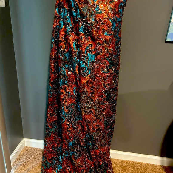 5 Yards Blue & Orange African Cord Guipure Lace Crystals Fabric - Picture 4 of 9